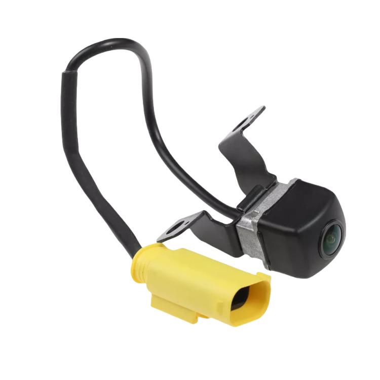 Rear view backup assist camera with side lens, black wiring harness and yellow connector