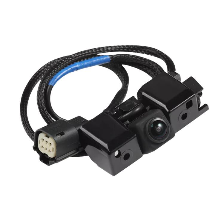 Compact reversing camera module with black housing, lens, and dual connector plugs