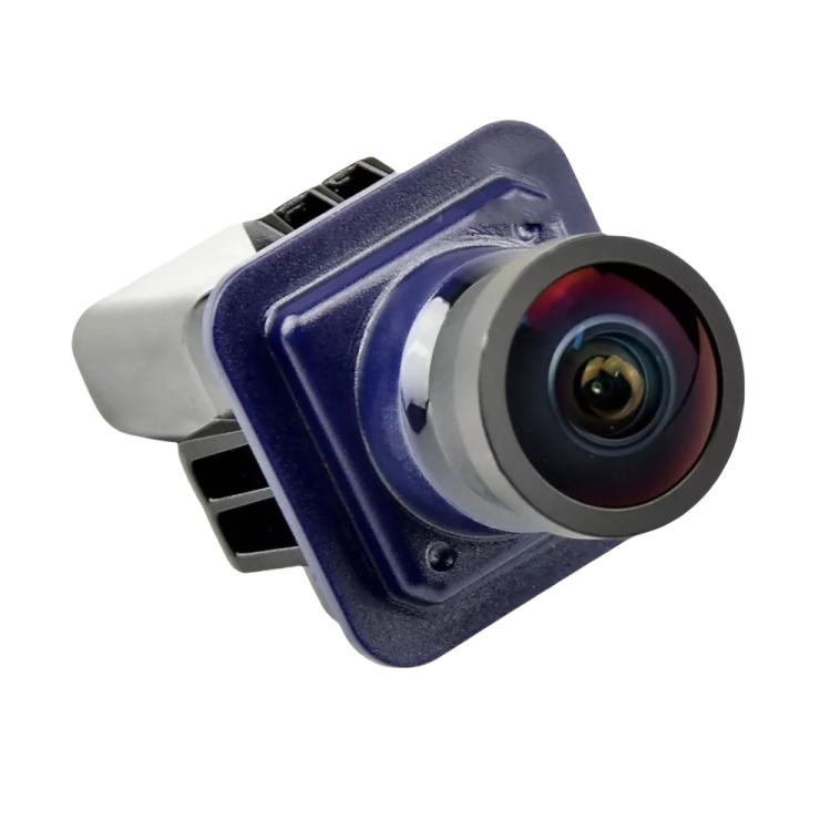 Reversing assist camera with blue housing and round front lens