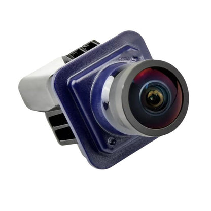 Reversing assist camera with blue housing and round front lens
