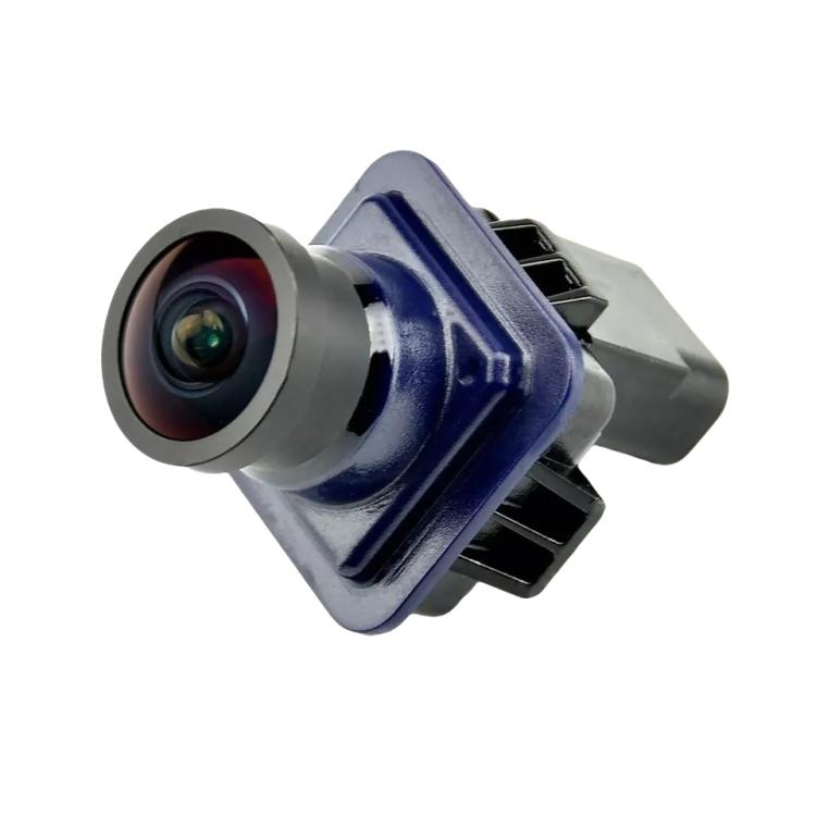 Reversing assist camera angled view with round lens and blue mounting base