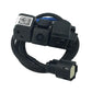 Rear view camera module with QR label, black housing, and cable