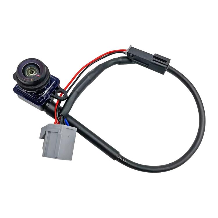 Car reversing assist camera with wiring harness, black cables and gray connector plug