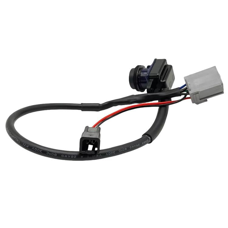 Reversing camera wiring harness with black cable, gray plugs and blue component mount