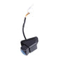 Rear view backup camera with wiring and white connector, angled view