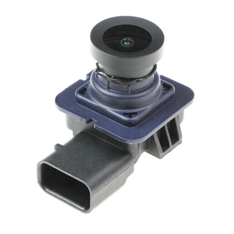 Rear view backup camera module with round lens and black connector housing