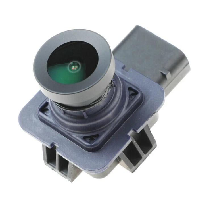 Rear view backup camera module angled view with round lens and mounting base