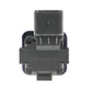 Rear view backup camera module with rear connector and dark plastic casing