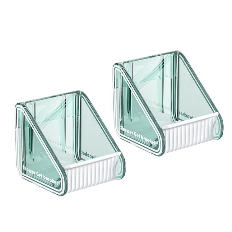 Wall-mounted shower gel holder set (2-pack) with green-tinted clear frames and white tray