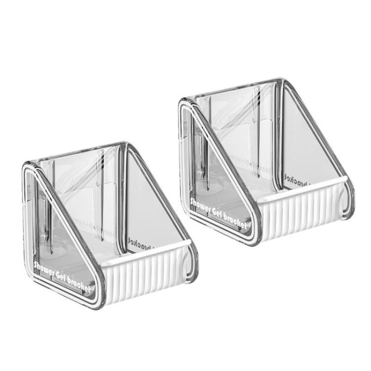 Wall-mounted shower gel holder set (2-pack) with clear frames and white ribbed bottle tray