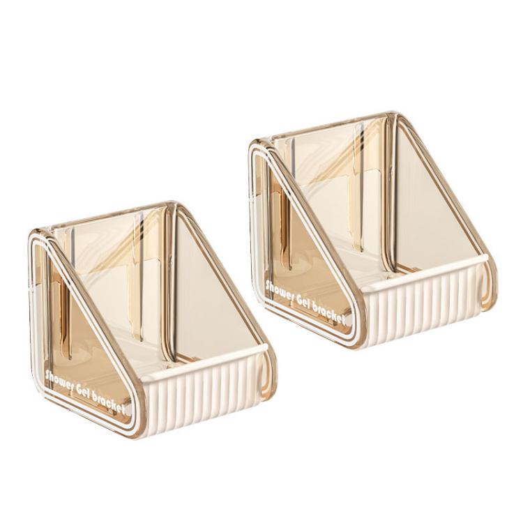 Wall-mounted shower gel holder set (2-pack) with beige-tinted clear frames and white ribbed tray