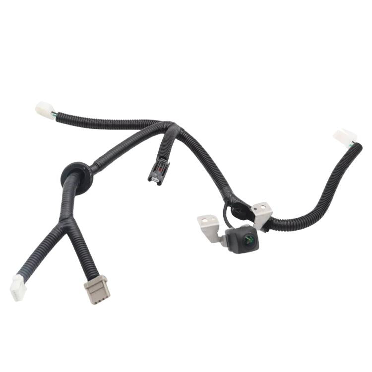 Rear view reverse assist camera wiring harness with connectors and camera module