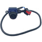 Backup camera with blue lens housing and red connector on wiring cable