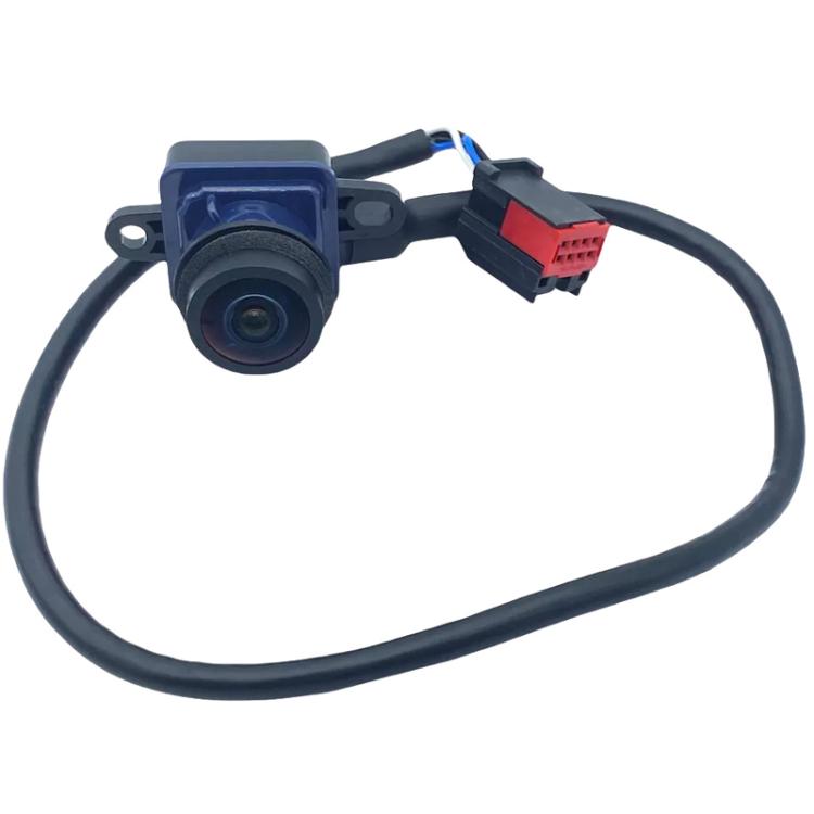 Backup camera with blue lens housing and red connector on wiring cable