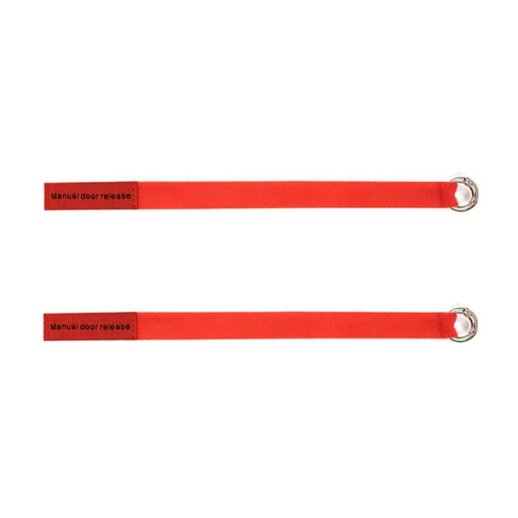 Red emergency door pull cord straps with metal loop ends and manual release tabs
