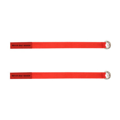 Red emergency door pull cord straps with metal loop ends and manual release tabs