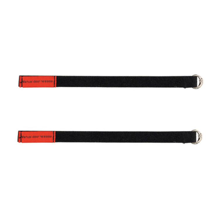 Black emergency door pull cord straps with metal loop ends and red manual release tabs