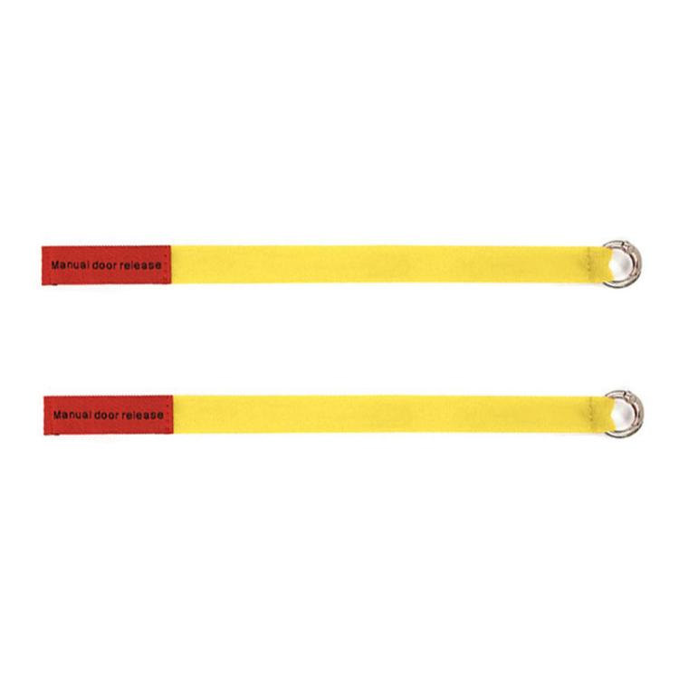 Yellow emergency door pull cord straps with metal loop ends and manual release tabs