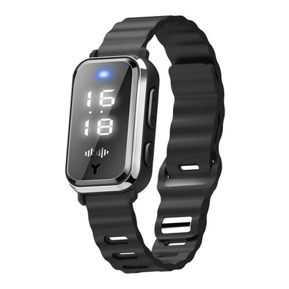 Black antistatic bracelet watch with rectangular screen and silicone strap