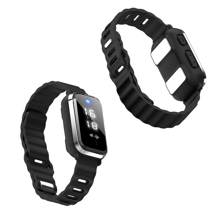 Two black antistatic bracelet watches with rectangular display and silicone bands