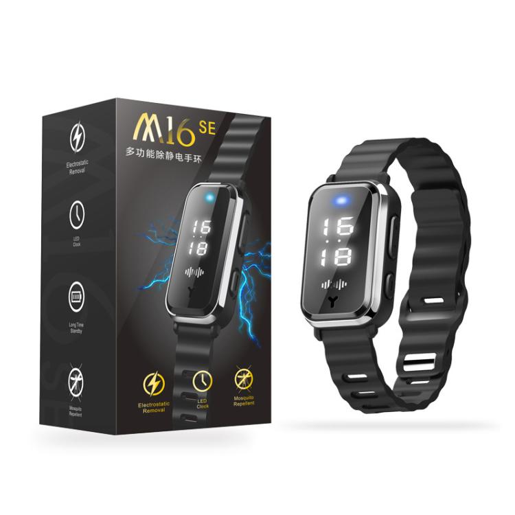 Black antistatic bracelet with digital screen and blue LED glow