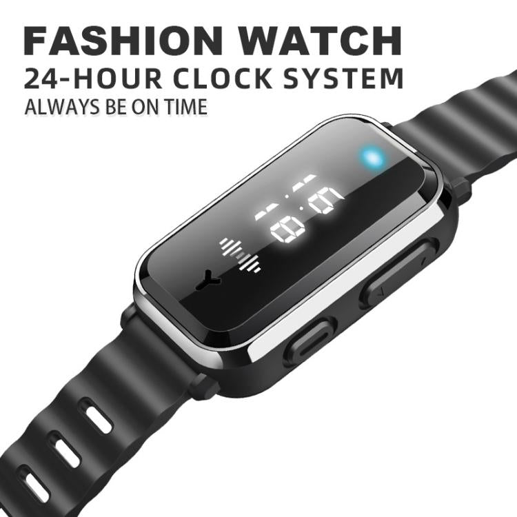Black rectangular-screen bracelet watch with metal trim and silicone band