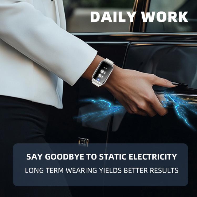 White antistatic bracelet watch on wrist with illuminated screen and blue energy effect