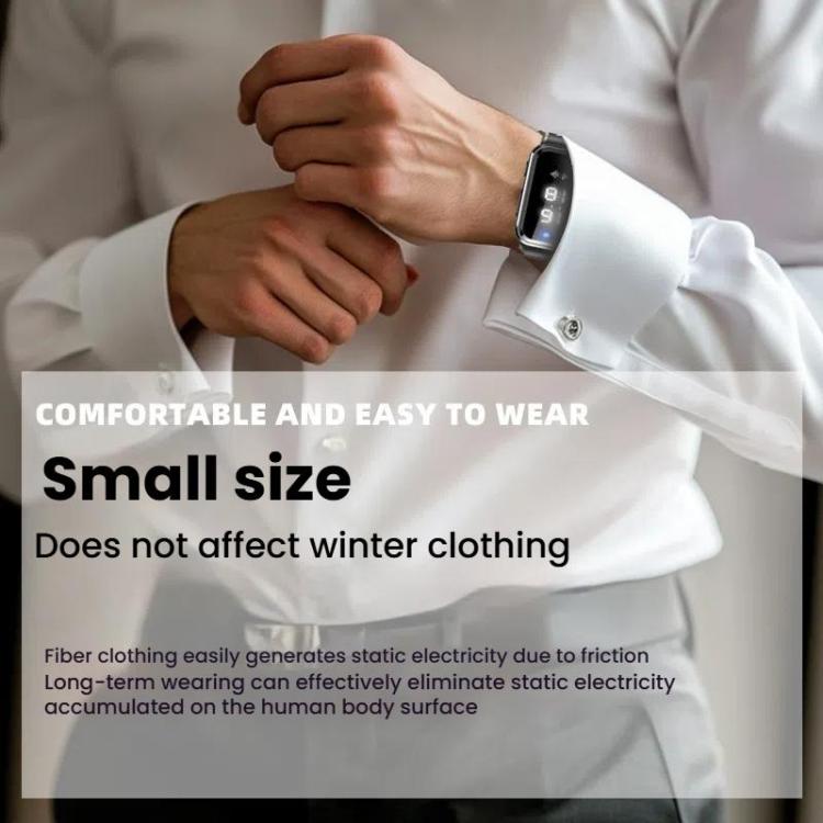 Black antistatic bracelet with digital display, worn on wrist