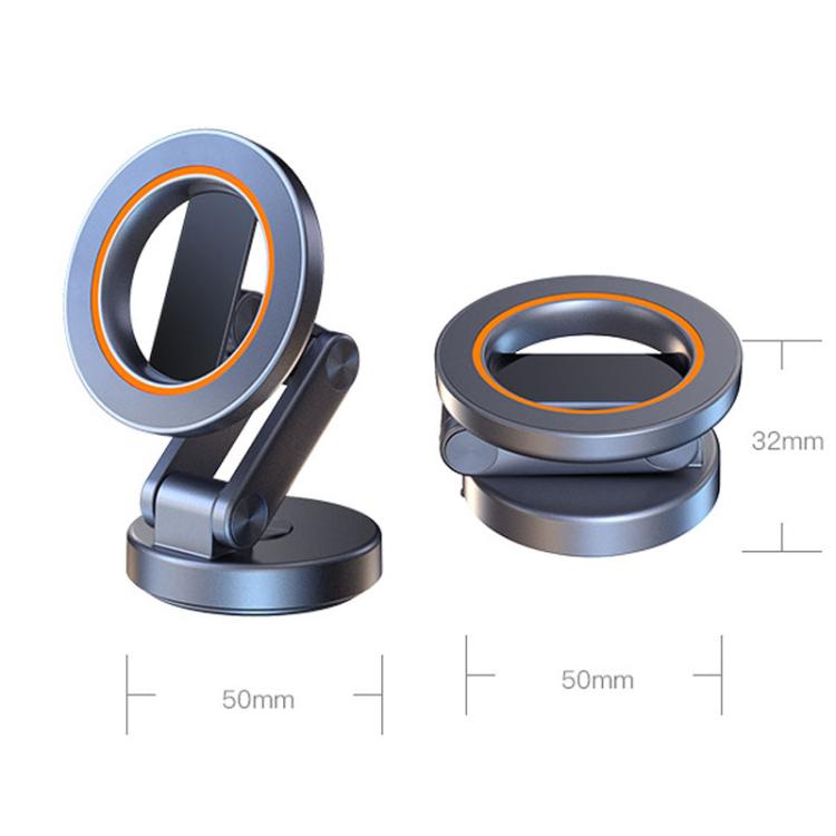 Foldable car phone holder with circular mount and orange-trimmed magnetic ring, side view.