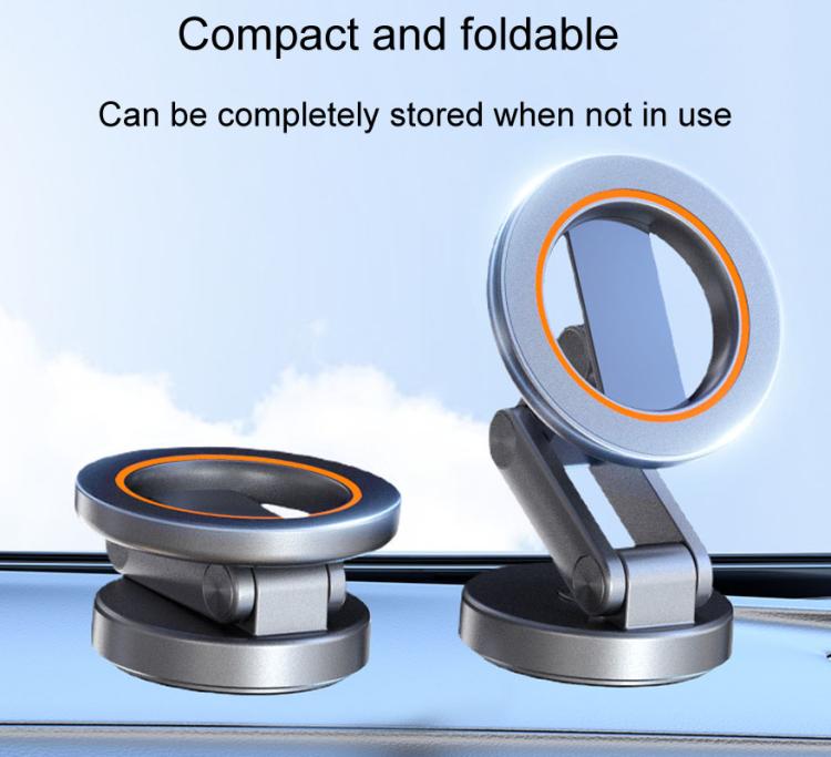 Compact foldable phone mount with orange-ring magnet holder on car dashboard.
