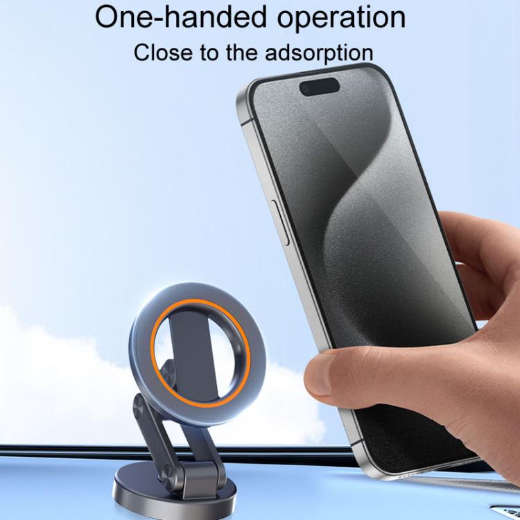 One-hand use car phone holder with dark gray mount and orange-ring magnetic face.