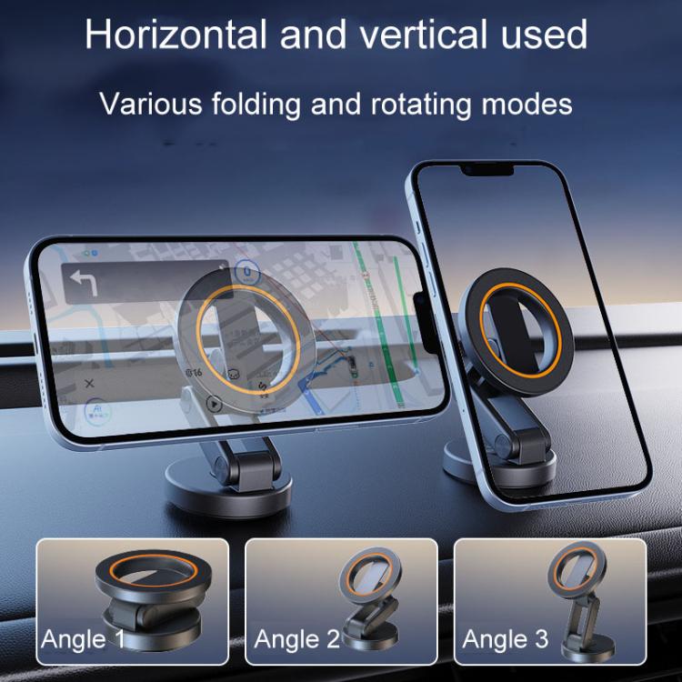 Multi-angle car phone holder with magnetic ring mount holding phones on dashboard.