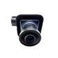 Parking assist camera with black housing and wide-angle lens window