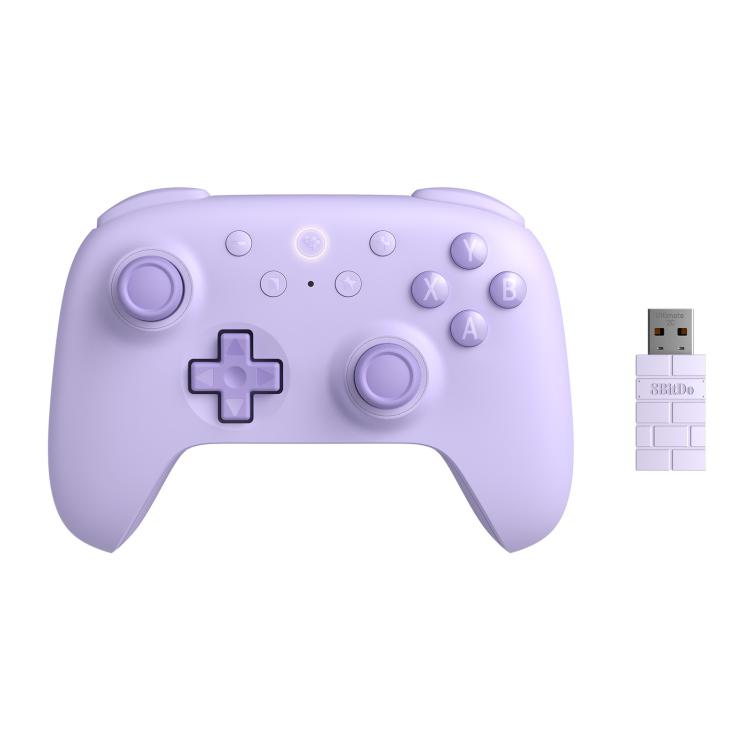 Wireless gaming controller, lavender body with purple D-pad and ABXY button labels