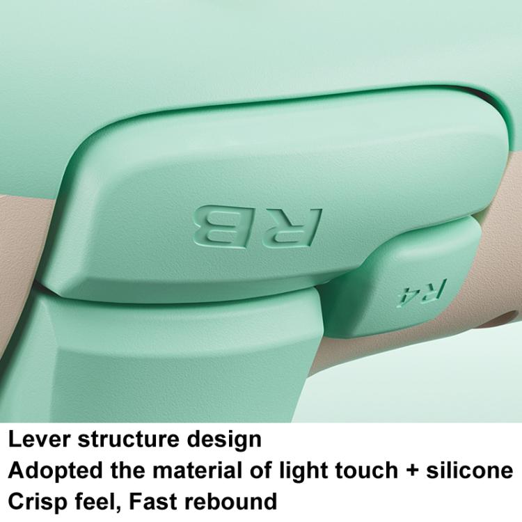 Wireless gaming controller shoulder area close-up on mint green shell