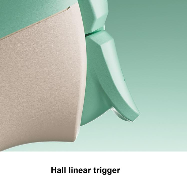 Wireless gaming controller trigger/lever close-up on mint green body