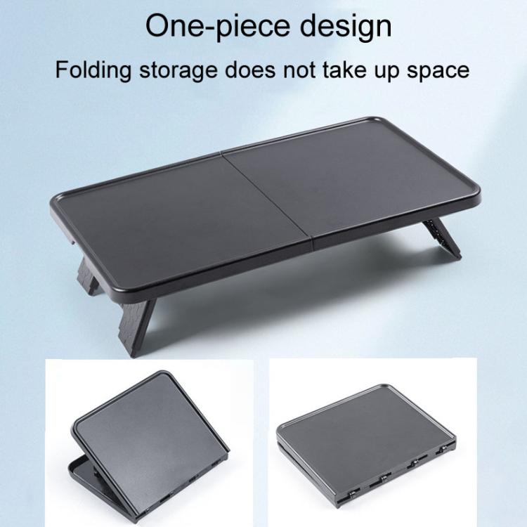 Front center folding tray table, dark gray top and folded stance, compact storage