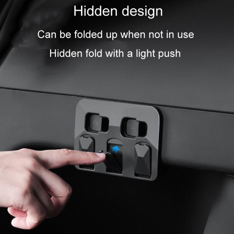 Hidden trunk folding hook panel with three dark gray clips and push-to-fold bases