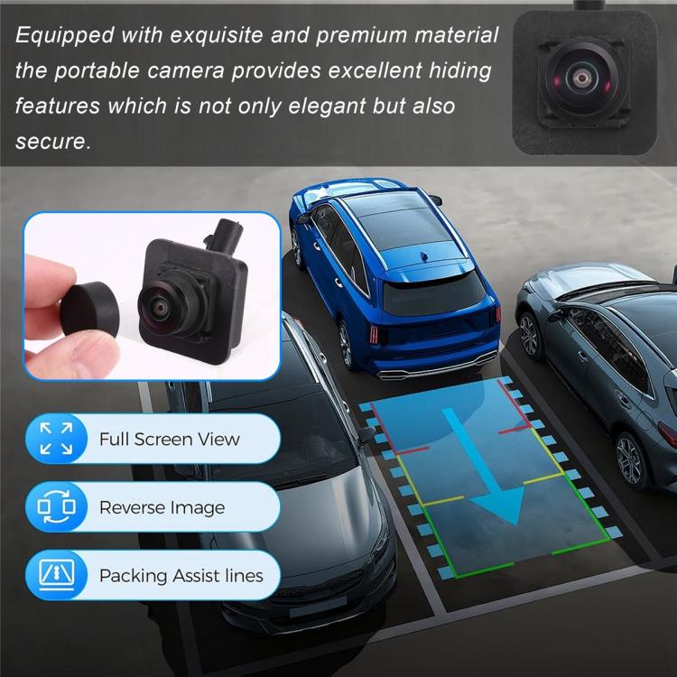 Rear view reverse assist camera installed on car trunk panel, black housing
