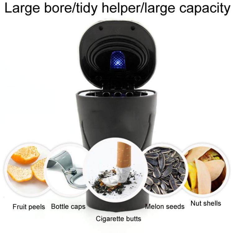 Black car ashtray with open top and blue light, sized for cigarette butts