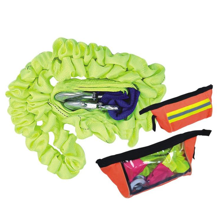 Fluorescent green retractable auto tow rope with orange carry bag and metal hook