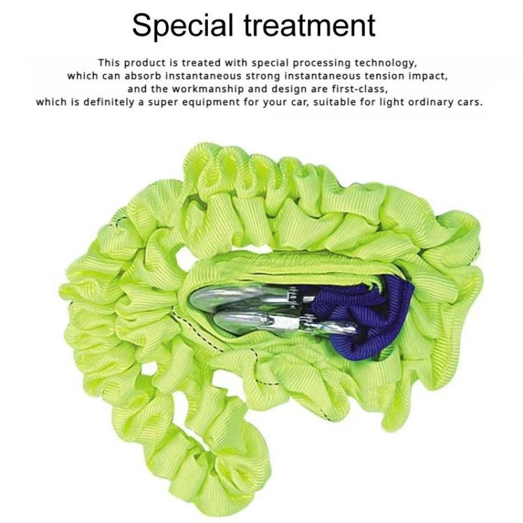 Fluorescent green elastic tow rope with bundled fabric and visible metal hook hardware