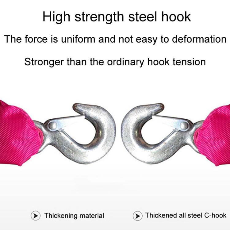 Steel towing hooks with pink rope ends for attaching an elastic tow rope