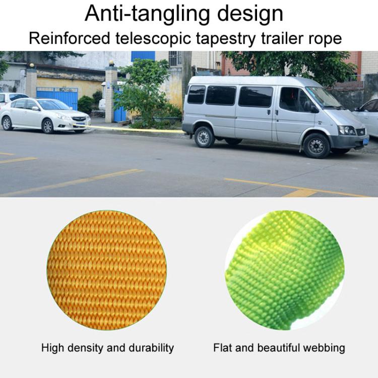 Reinforced telescopic tow rope with anti-tangling webbing in fluorescent green