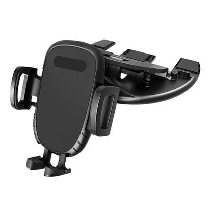 Car CD-slot phone holder with black clip cradle, holding a phone upright.