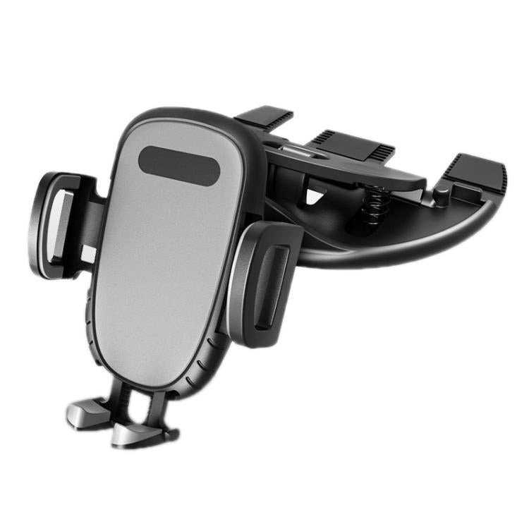 Car CD-slot phone holder with black clip cradle, holding a gray phone centered.