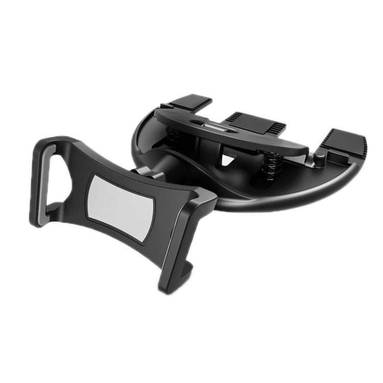 Car CD-slot phone holder with black frame and gray phone clamp, curved base cradle.