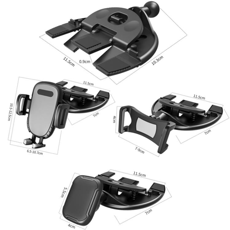 Car CD-slot phone holder with curved cradle and clamp arms, shown with size diagram.