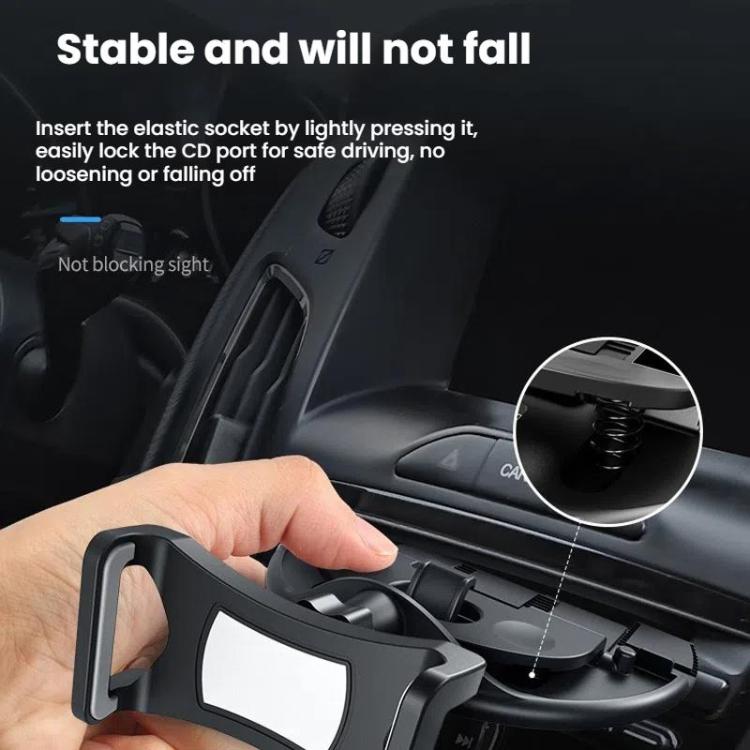 Car CD-slot phone holder locked in place by hand, clip arms securing the port.
