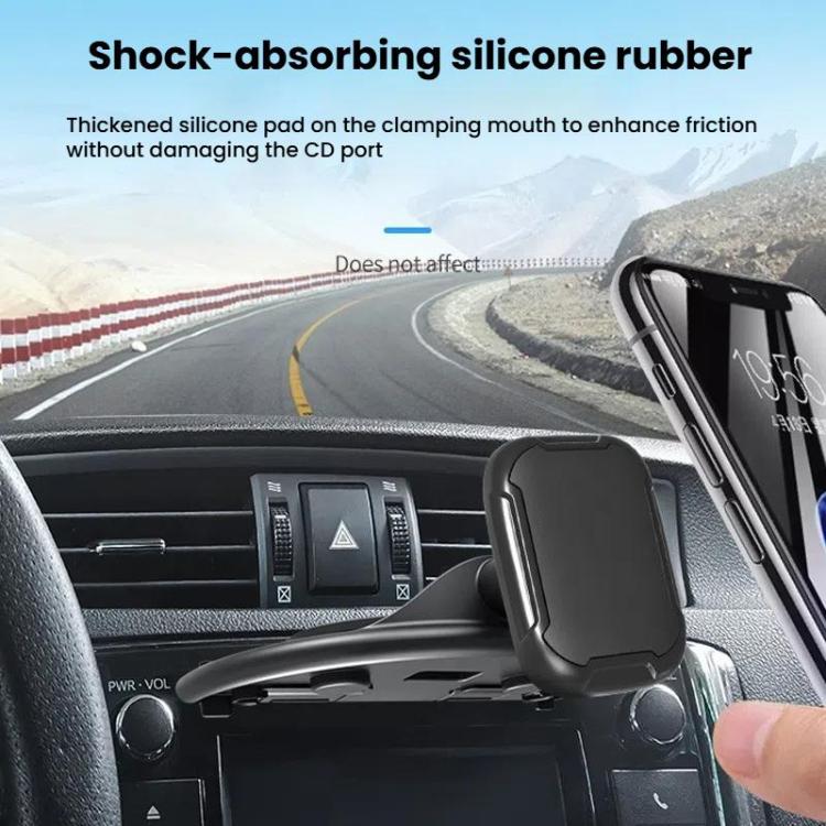 Car CD-slot phone holder with shock-absorbing silicone rubber on the clamping mouth.